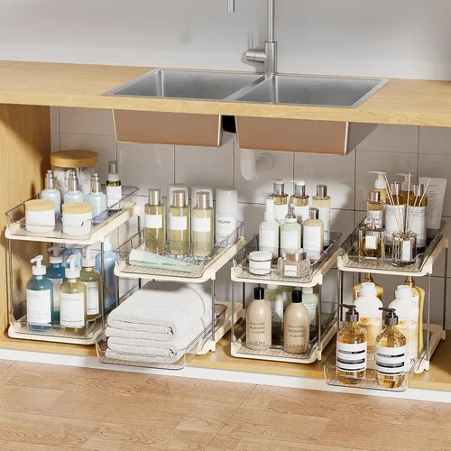 Vista 20 de Delamu Organizadores y Almacenamiento Multiusos de 2 Niveles para Debajo del Fregadero del Baño, Organización Apilable de Despensa de Cocina