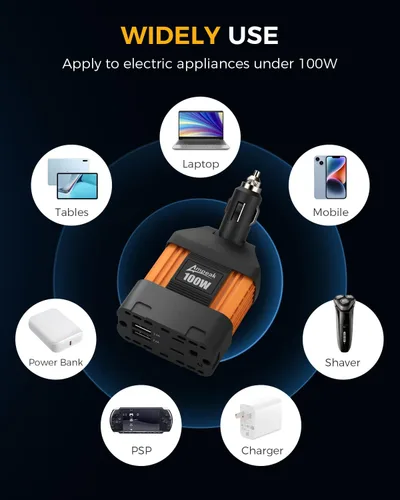 Vista 6 de Inversor de corriente para automóviles, de la marca Ampeak, de 12 V CC a 110 V CA, con puerto USB Pico de sobretensión de 200 W, 1 toma de CA, USB