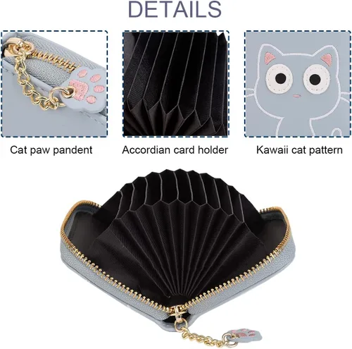 Vista 4 de Sunwel Fashion Lindo portatarjetas con diseño de gato pequeño - Estuche para tarjetas con cremallera de acordeón, bolsillos para efectivo, monedero