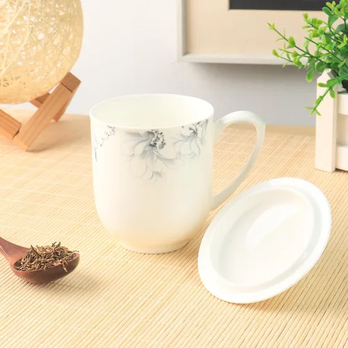 Vista 5 de Jingdezhen - Taza de té de porcelana fina con tapa de 12 onzas, taza de porcelana blanca para oficina y hogar (azul y blanco)