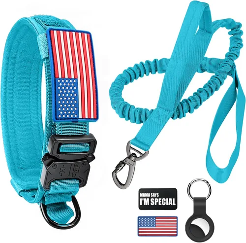 Vista 24 de Collar táctico para perro y correa elástica, juego de collar y correa militar para perro con bandera estadounidense de Estados Unidos, collar K9