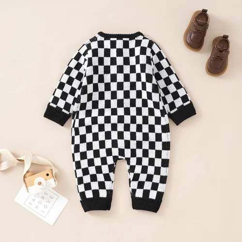 Vista 4 de SAYOO Mameluco de punto unisex para bebé, niña, niño, overol de punto a cuadros, de una pieza, suéter con botones