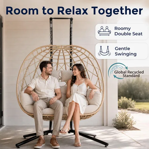 Vista 4 de SWITTE Silla columpio de huevo colgante doble al aire libre con soporte y 2 Asientos-crema