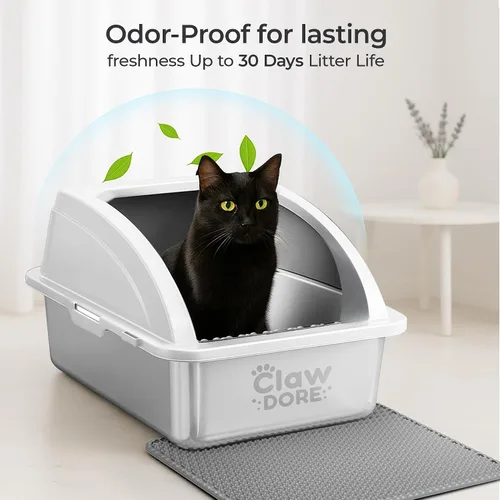 Vista 3 de Caja de arena XL de acero inoxidable con tapa para gatos grandes, evita olores y manchas, a prueba de fugas, libre de óxido y antiadherente, caja