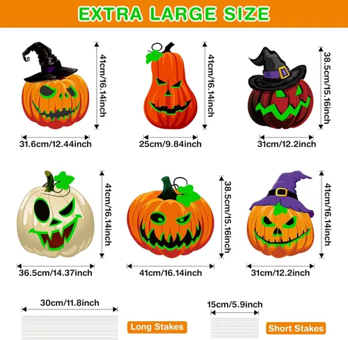 Vista 4 de Soaoo Paquete de 6 carteles fluorescentes de calabaza de Halloween de 16 pulgadas con estacas, caras espeluznantes y sombrero de bruja, letreros