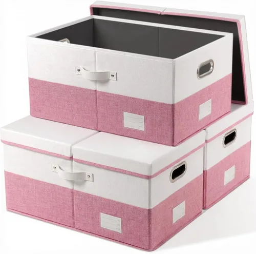 Vista 75 de PRANDOM Contenedores de almacenamiento con tapas [paquete de 3] cajas de almacenamiento plegables de tela de lino, canastas organizadoras, cubos