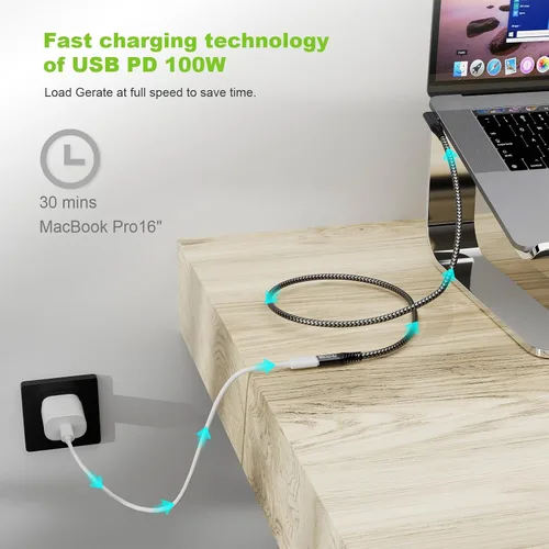 Vista 4 de Cable de extensión USB 3.2 de 1.65 pies, cable de extensión USB-C corto de ángulo recto macho a hembra de carga de extensión compatible con video