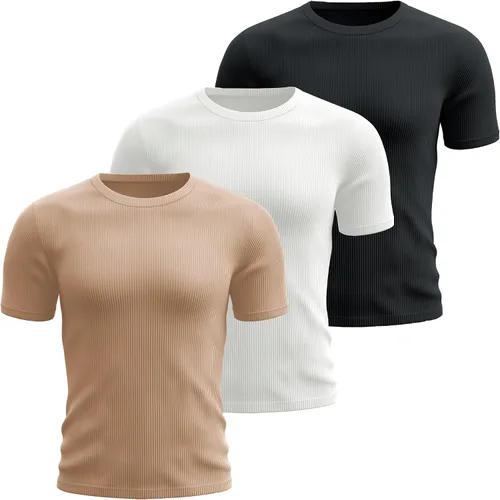Vista 4 de Huukeay Paquete de 3 camisetas para hombre, cuello redondo, manga corta, de punto acanalado, camisetas casuales elegantes
