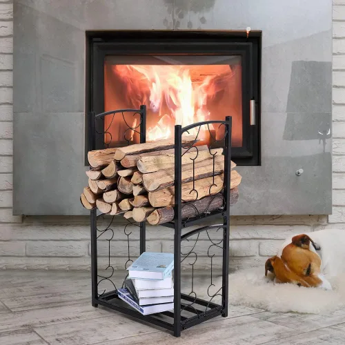 Vista 7 de PHI VILLA Estante de leña de 2 capas resistente, soporte de doble capa para leña de chimenea, estante de almacenamiento con clasificación