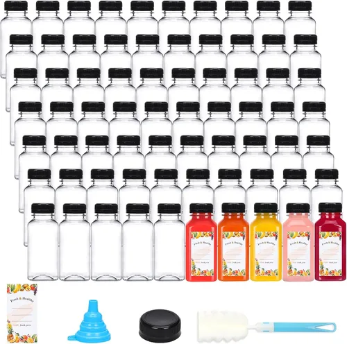 Vista 8 de Moretoes - 144 unidades de botellas de chupito de plástico de 4 onzas con tapas, botellas reutilizables para shots de jengibre, recipientes de jugo