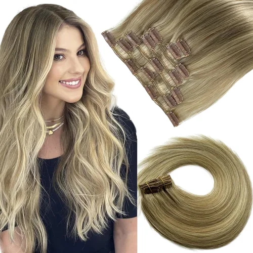 Vista 11 de Extensiones de cabello humano real con clip, de 12 pulgadas, para mujer, color rubio plateado, balayage, 2.47 oz, 7