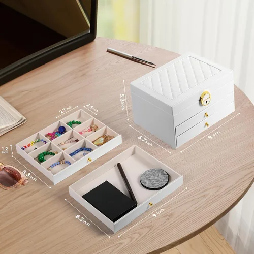 Vista 7 de Joyero de 3 capas, organizador de joyas con cajón organizador de joyas, grandes cajas de joyería y organizador con organizador de aretes