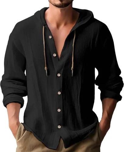 Vista 31 de Camisas de lino para hombre, casual, con botones, de verano, algodón, lino, con capucha, para playa, manga larga, con capucha