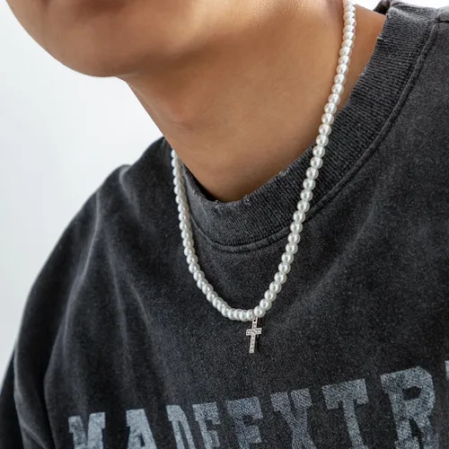 Vista 2 de Collar de perlas para hombre, collar de cadena cubana de varias capas, collar de perlas artificiales para mujeres y hombres, regalos