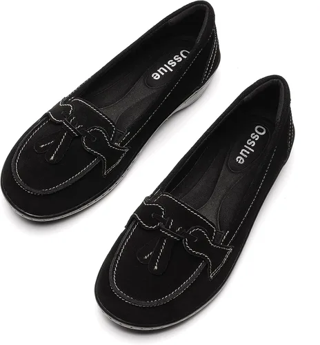 Vista 5 de Osslue Mocasines clásicos de piel de microgamuza para mujer, mocasines retro para conducir, mocasines de moda, con borlas, zapatos de barco cómodos