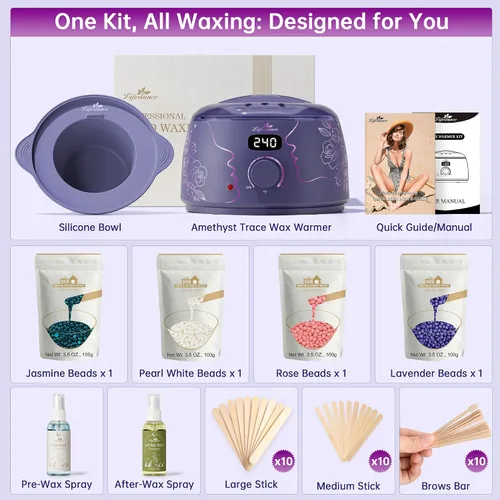 Vista 3 de Lifestance Kit de depilación para mujeres y hombres - Calentador digital L3 Amethyst Trace, forro de silicona para recipiente de cera, depilación
