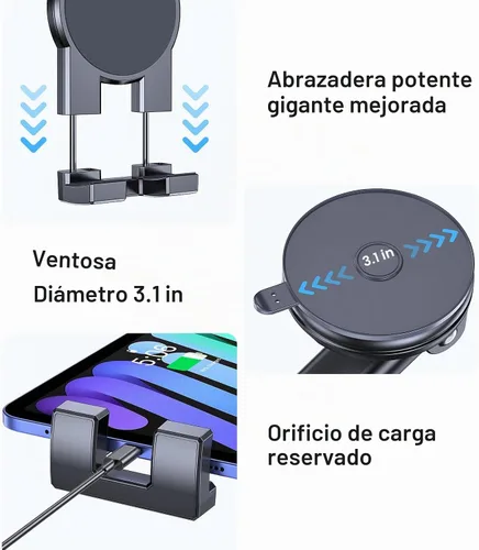 Vista 6 de Soporte para tablet para coche, soporte para iPad para coche【Parabrisas+Salpicadero】Ventosa para iPad para camión Soporte【360° 】Soporte para tablet
