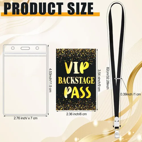 Vista 2 de Gueevin 50 juegos de cordones VIP con tarjetas de pase VIP de plástico, tarjetas de pase negro y dorado, soporte de plástico transparente