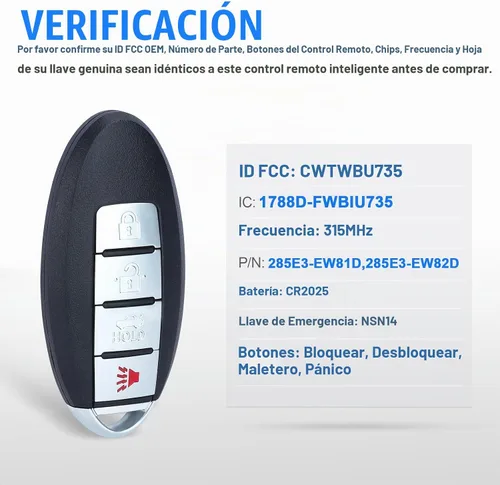 Vista 3 de Keymall Reemplazo de 4 botones para Nissan Maxima 2007-2008 para Sentra 2007-2012 CWTWBU735 285E3-EW81D 285E3-EW82D