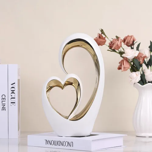 Vista 4 de Estatuas de corazón de cerámica de oro blanco, esculturas abstractas para el hogar, para dormitorio, boda, decoración de San Valentín y regalos