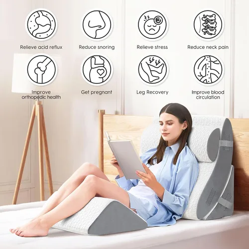 Vista 6 de BedLuxury Juego de 4 almohadas ortopédicas de cuña para cama con espuma viscoelástica para dolor de espalda, poscirugía, almohada de espuma