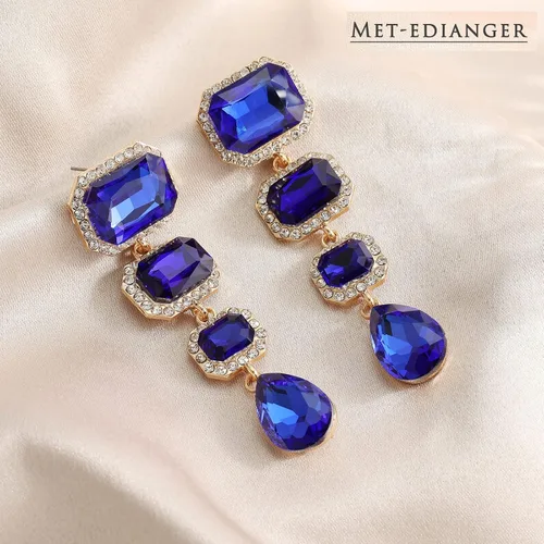 Vista 5 de Met-edianger Aretes colgantes vintage con diamantes de imitación, aretes colgantes de cristal, aretes rectangulares de lágrima para mujeres y niñas