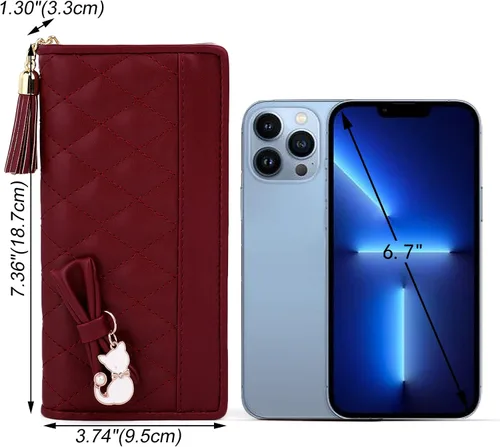 Vista 6 de UTO Cartera de piel sintética para mujer, de gran capacidad, colgante de gato, soporte para teléfono, organizador de chequera, con cremallera
