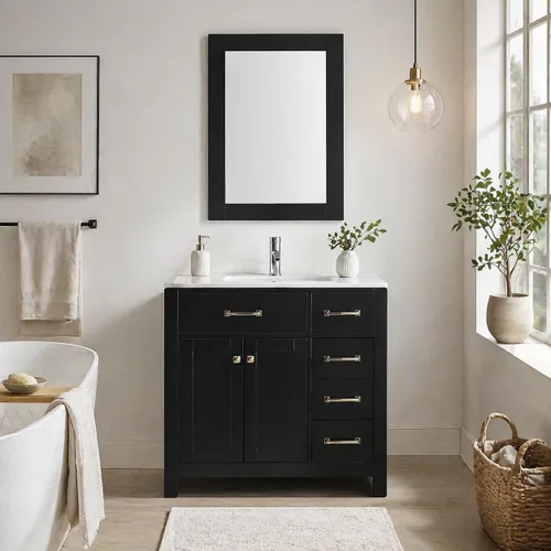 Vista 7 de wonline Lavabo de baño negro de 36 pulgadas y fregadero de cerámica empotrado para fregadero de cerámica con tocador de espejo, juego de tocador