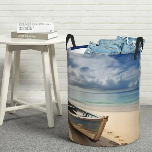 Vista 8 de Boat on the Beach print Circular Hamper Waterproof Storage Bin Organizer Basket Laundry Hamper With Handles For Clothes Toys Small