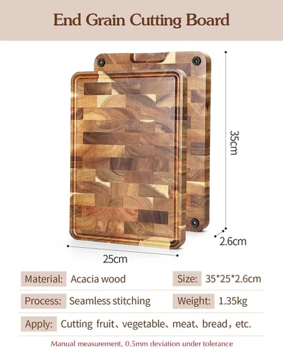 Vista 2 de XINZUO Tabla de Cortar de Madera de Acacia de Fibra Final (13.8''L x 9.8''A x 1''G) - Tabla de Cortar de Madera con Pies Antideslizantes, Asas