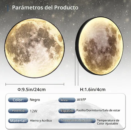 Vista 4 de Lámpara de pared de luna regulable de 9.5 pulgadas con control remoto, moderna lámpara de pared LED enchufable, lámpara de pared negra de 12 W