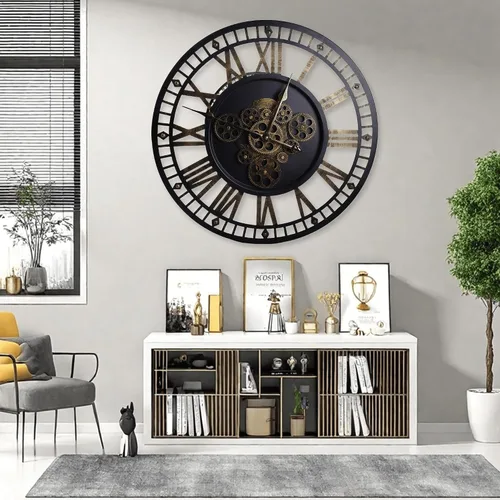 Vista 7 de Reloj de pared digital grande de 24 pulgadas con engranajes móviles reales, reloj redondo silencioso de metal industrial vintage para dormitorio