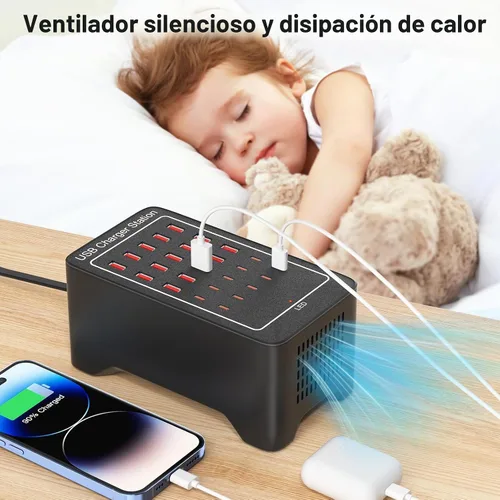 Vista 6 de Bloque de Cargador USB C, 125W (25A) 25 Puertos (15 USB A y 10 USB C) Estación de Carga Múltiple, Cargador de Pared de Escritorio Compatible