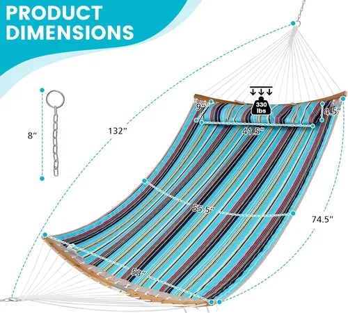 Vista 4 de Tangkula Hamaca doble de 11 pies, hamaca resistente para exteriores con barras esparcidoras curvas, almohada desmontable, hamacas para 2 personas