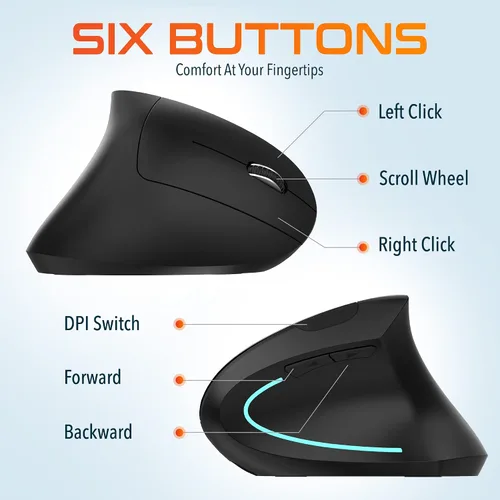 Vista 5 de Delton Ratón inalámbrico ergonómico vertical recargable con par automático USB Dongle, 6 botones, 3 niveles de DPI ajustables (800/1200/2400)