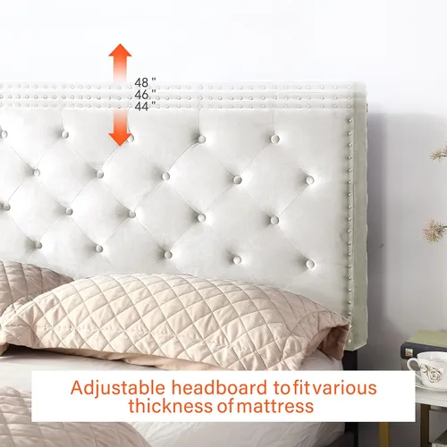 Vista 3 de Base de cama de plataforma tapizada completa con cabecero ajustable de 48 pulgadas de alto, cama de terciopelo de gamuza copetuda con botones