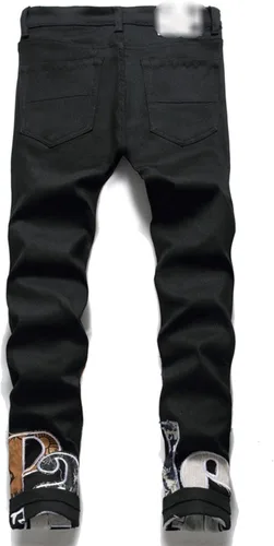 Vista 2 de Jeans de mezclilla de retazos para hombre ropa de calle moderna parches de letras pantalones rectos ajustados de cintura media pantalones negros