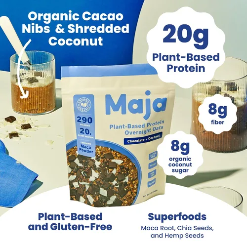 Vista 3 de Maja Avena orgánica durante la noche, avena con proteína de cacao y coco, 4 bolsas de una sola porción, avena vegana y sin gluten, deliciosa avena