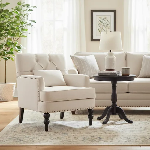 Vista 5 de HUIMO Silla de Club Acolchada, Silla de Acento con Almohada Lumbar, Sillón Tapizado con Botones, Sillas de Sofá de Tela de Lino para Dormitorio