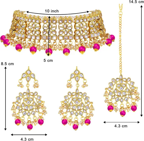 Vista 4 de Aheli Elegant Indian Faux Kundan Studded Choker Necklace with Maang Tikka Earrings Set Ethnic Wedding Festive Wear Fashion Jewelry for Women, Girls