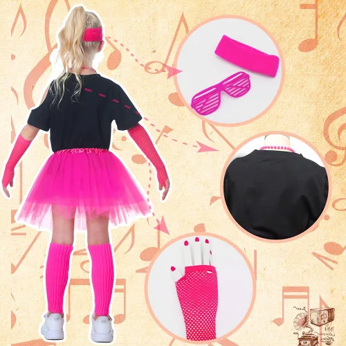 Vista 4 de Yulefly Juego de 9 accesorios de disfraz de los años 80 para niños, camiseta de fiesta, tutú elegante, para cosplay, fiesta de los años 80 para niñas