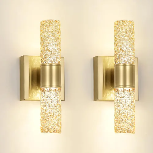 Vista 14 de Juego de 2 apliques de pared LED de cristal, lámparas de baño de oro cepillado, modernas luces de baño con LED con cable para dormitorio, sala