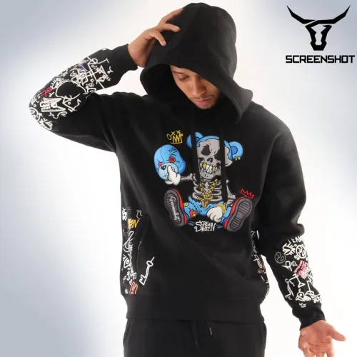 Vista 117 de SCREENSHOT Sudadera urbana de forro polar para hombre, diseño de dibujos animados de animación, parche bordado de gel