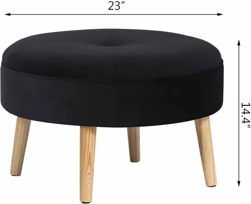 Vista 3 de Adeco Otomana redonda pequeña, otomana tapizada de terciopelo, con botones, reposapiés, asiento acolchado con patas de madera, moderno reposapiés
