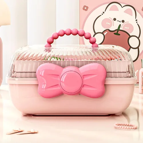 Vista 2 de Caja organizadora de accesorios para el cabello, caja de almacenamiento portátil de 3 capas, caja de herramientas de plástico multifuncional