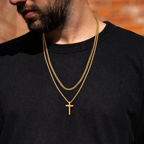 Vista 4 de LUXEJEW Collar de cruz para hombres y niños, collar con colgante de cruz de acero inoxidable dorado, plateado y negro, collar de cadena de eslabones
