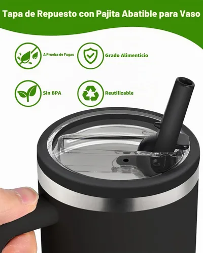 Vista 3 de Tapa de repuesto con popote abatible compatible con vaso Stanley de 40 onzas, paquete de 2 (negro, 40 onzas)