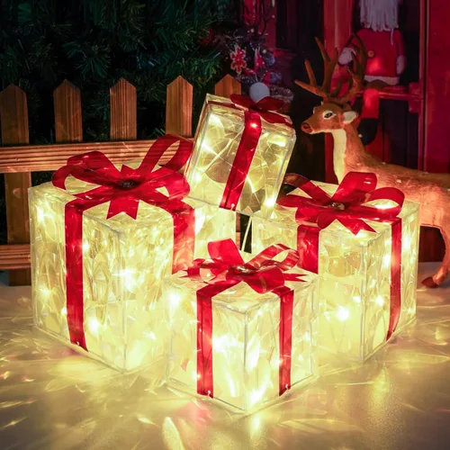 Vista 8 de COVFEVER Cajas de Regalo Iluminadas de Navidad, Juego de 4 Cajas de Regalo con Luces Preinstaladas, Juego de Cajas de Regalo Iluminadas que