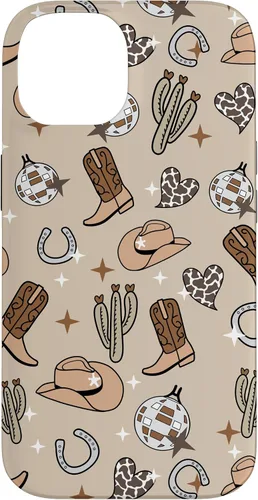 Vista 4 de Cowboy Hat & Boot & Disco Ball Pattern Brown Cowgirl Case for iPhone 17