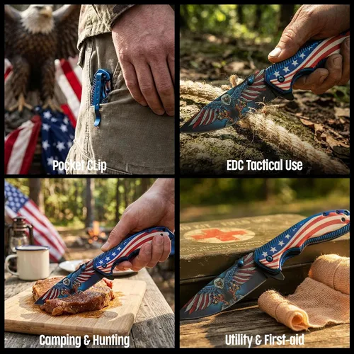 Vista 7 de SZCO 300583 - Cuchillo plegable EDC con mango de titanio American Eagle de 8.25 pulgadas con clip de bolsillo, rojo, blanco y azul